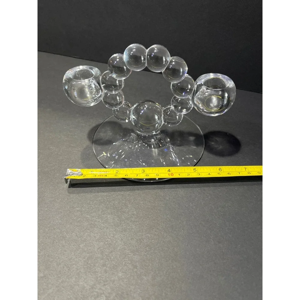 Vntg Clear Glass Bubble Ring Double Taper Candle Holders Pair Mid Century Style